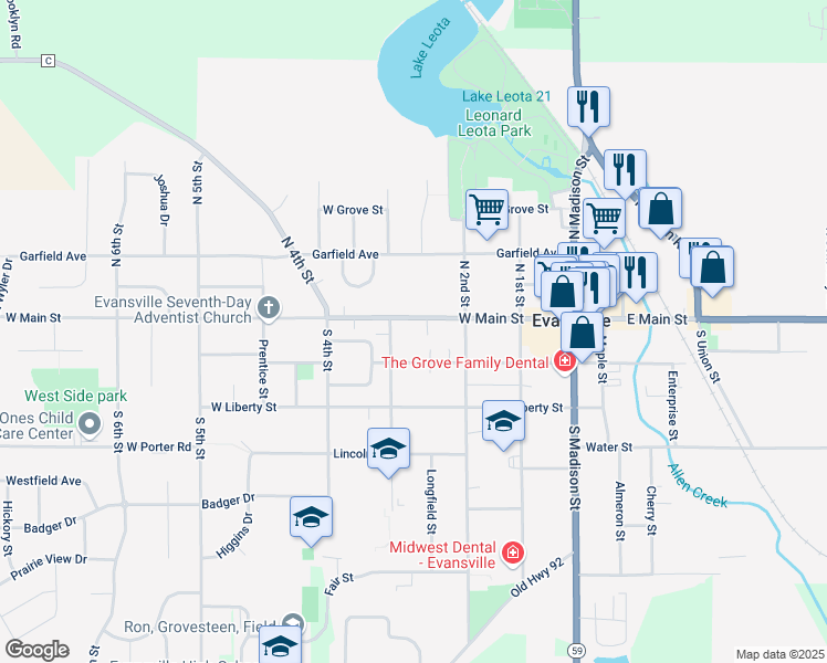 map of restaurants, bars, coffee shops, grocery stores, and more near 249 W Main St in Evansville