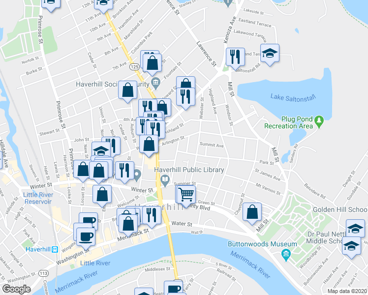 map of restaurants, bars, coffee shops, grocery stores, and more near 8 Clinton Street in Haverhill