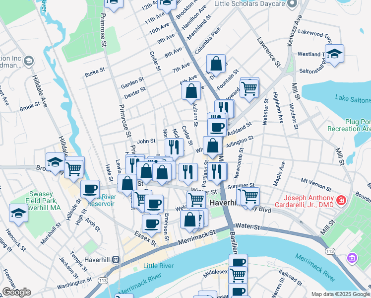 map of restaurants, bars, coffee shops, grocery stores, and more near 3 Nichols Street in Haverhill