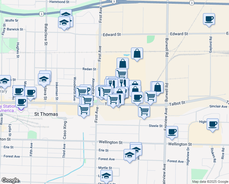 map of restaurants, bars, coffee shops, grocery stores, and more near 1063 Talbot Street in Saint Thomas