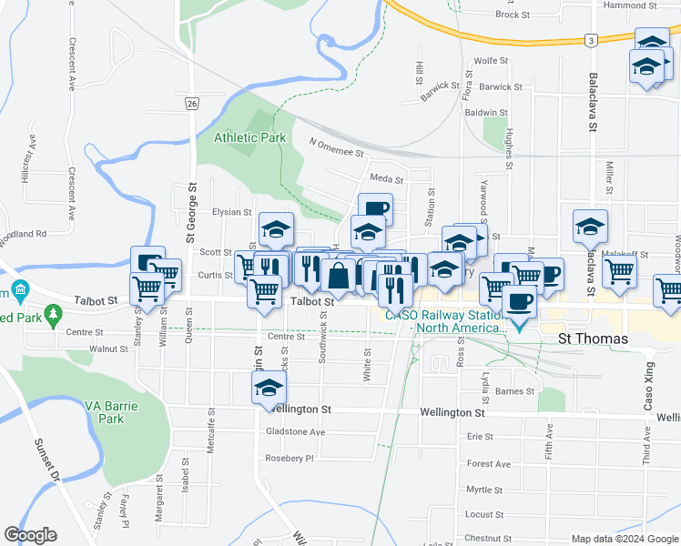 map of restaurants, bars, coffee shops, grocery stores, and more near in St. Thomas
