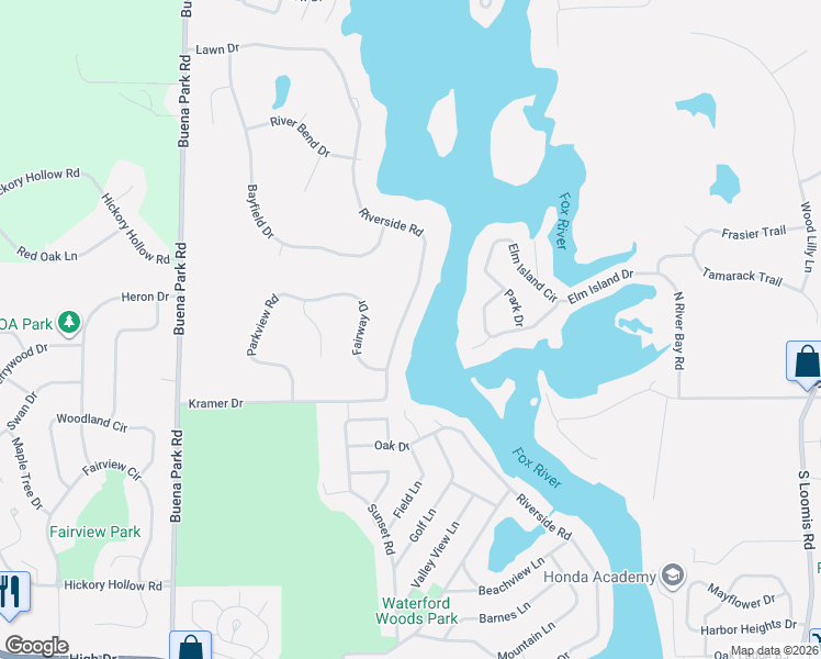map of restaurants, bars, coffee shops, grocery stores, and more near 4757 Riverside Road in Waterford