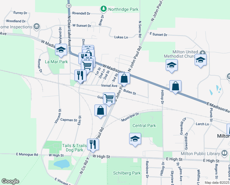 map of restaurants, bars, coffee shops, grocery stores, and more near 165 South John Paul Road in Milton