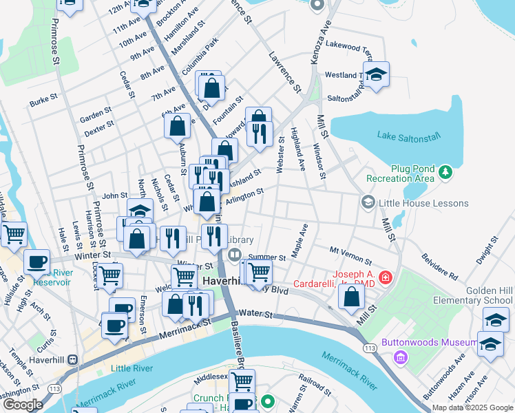 map of restaurants, bars, coffee shops, grocery stores, and more near 9 Clinton Street in Haverhill
