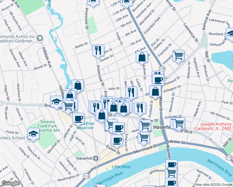 map of restaurants, bars, coffee shops, grocery stores, and more near 25 New Street in Haverhill