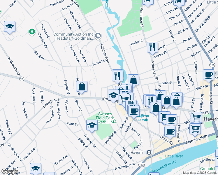 map of restaurants, bars, coffee shops, grocery stores, and more near 25 Thorndike Street in Haverhill