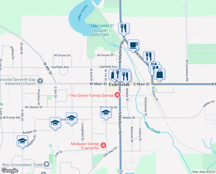map of restaurants, bars, coffee shops, grocery stores, and more near 39 West Main Street in Evansville