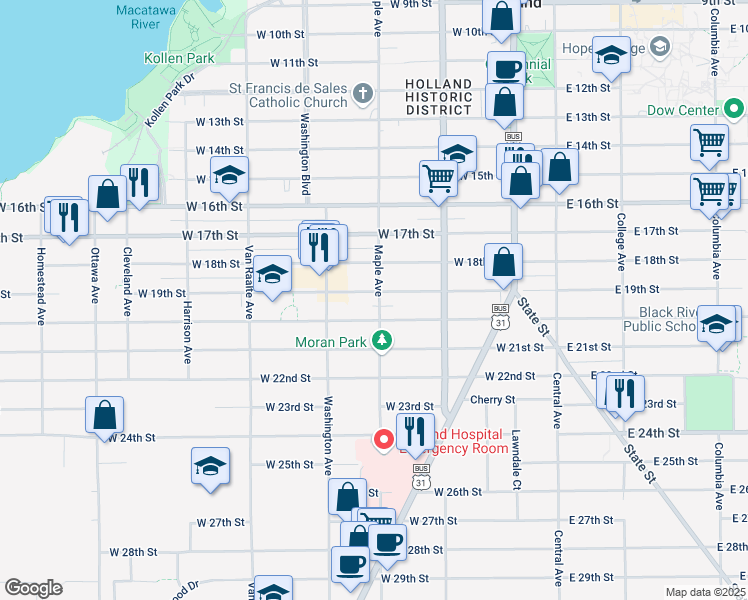 map of restaurants, bars, coffee shops, grocery stores, and more near 166 West 19th Street in Holland