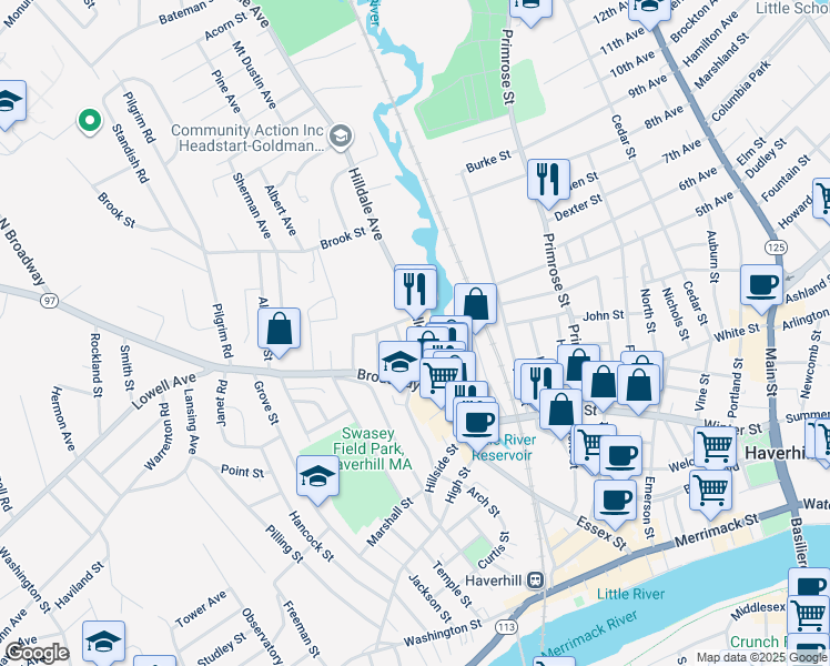 map of restaurants, bars, coffee shops, grocery stores, and more near 58 Hilldale Avenue in Haverhill