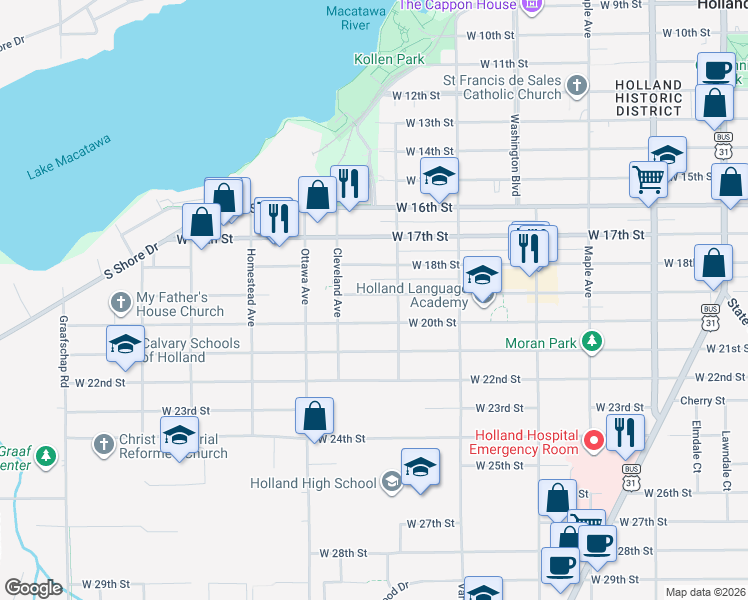 map of restaurants, bars, coffee shops, grocery stores, and more near 362 West 19th Street in Holland