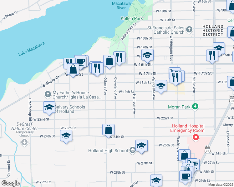 map of restaurants, bars, coffee shops, grocery stores, and more near 459 Cleveland Avenue in Holland
