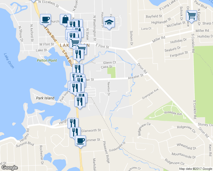 map of restaurants, bars, coffee shops, grocery stores, and more near 328 Newton Drive in Orion charter Township