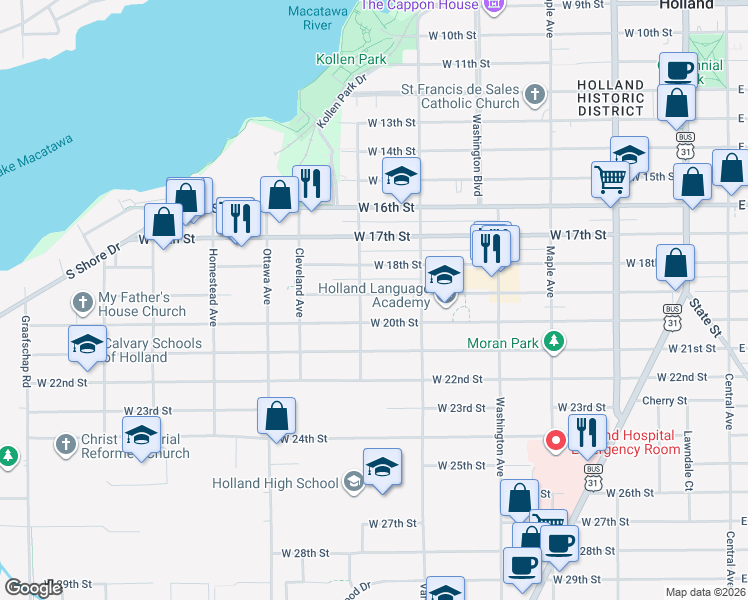 map of restaurants, bars, coffee shops, grocery stores, and more near 334 West 19th Street in Holland
