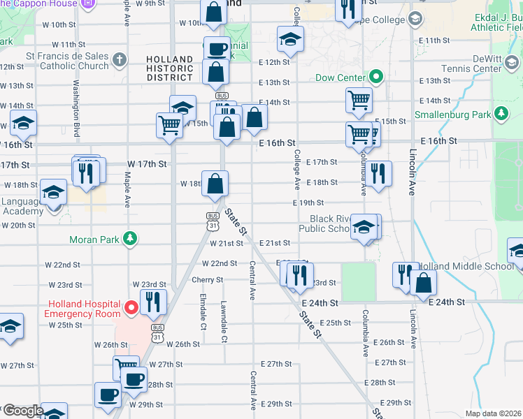 map of restaurants, bars, coffee shops, grocery stores, and more near 24 East 19th Street in Holland