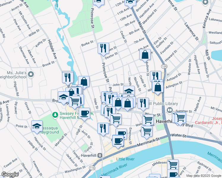 map of restaurants, bars, coffee shops, grocery stores, and more near 99 Primrose Street in Haverhill