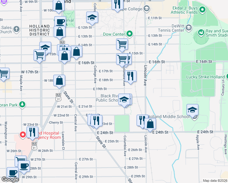 map of restaurants, bars, coffee shops, grocery stores, and more near 130 East 19th Street in Holland