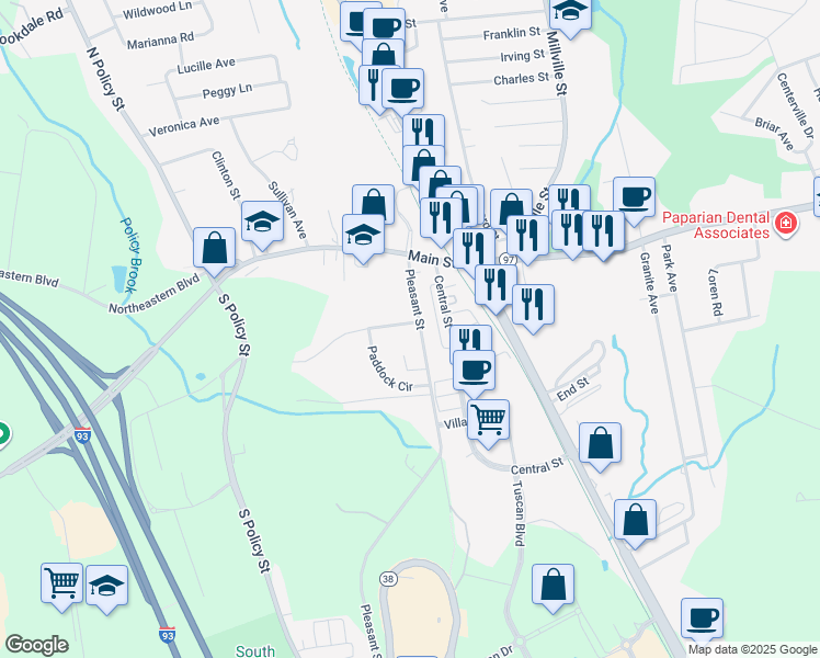 map of restaurants, bars, coffee shops, grocery stores, and more near 18 Pleasant Street in Salem