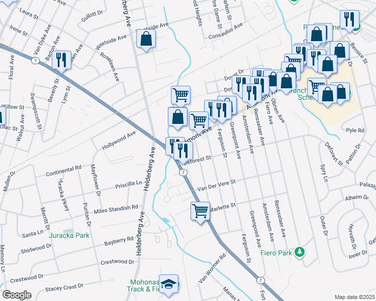 map of restaurants, bars, coffee shops, grocery stores, and more near 1727 Tower Street in Schenectady