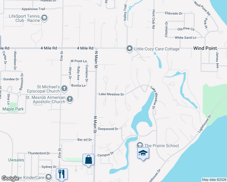 map of restaurants, bars, coffee shops, grocery stores, and more near 7 Birchwood Court in Wind Point