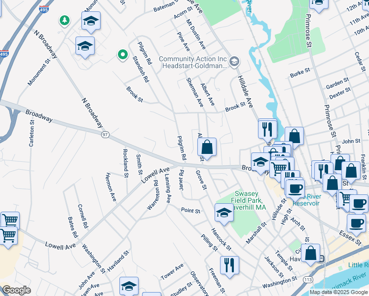 map of restaurants, bars, coffee shops, grocery stores, and more near 9 Pilgrim Road in Haverhill