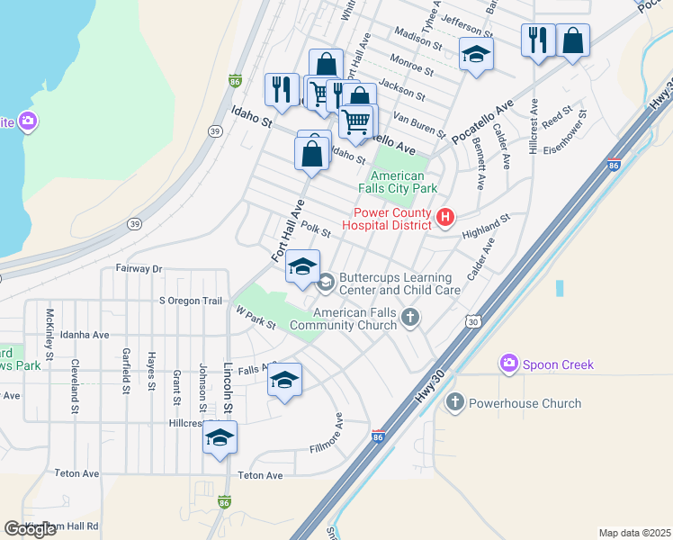 map of restaurants, bars, coffee shops, grocery stores, and more near 751 Tyhee Avenue in American Falls