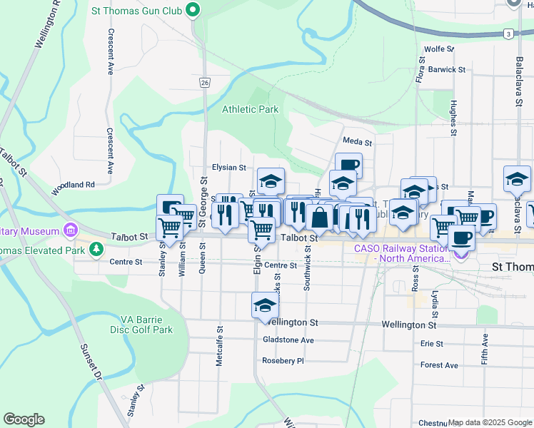 map of restaurants, bars, coffee shops, grocery stores, and more near 65 Curtis Street in Saint Thomas