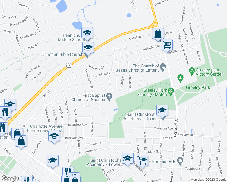 map of restaurants, bars, coffee shops, grocery stores, and more near 24 Maywood Drive in Nashua