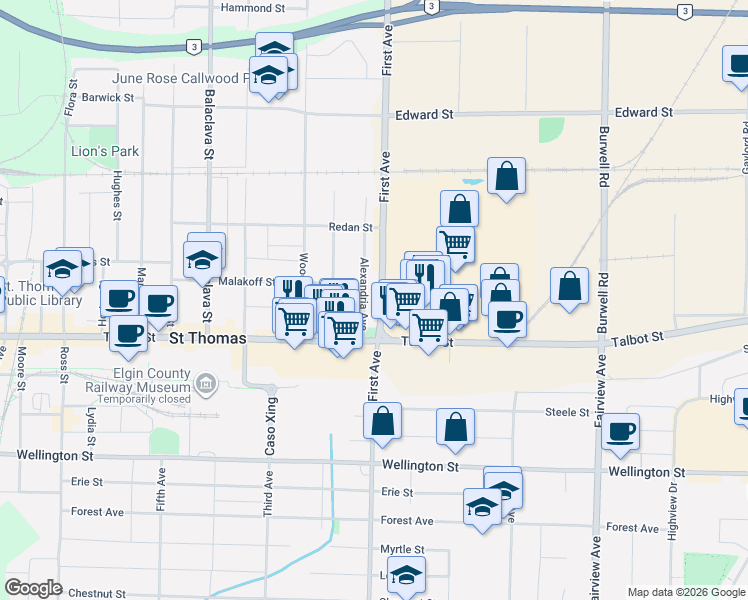 map of restaurants, bars, coffee shops, grocery stores, and more near 25 Alexandria Avenue in St. Thomas