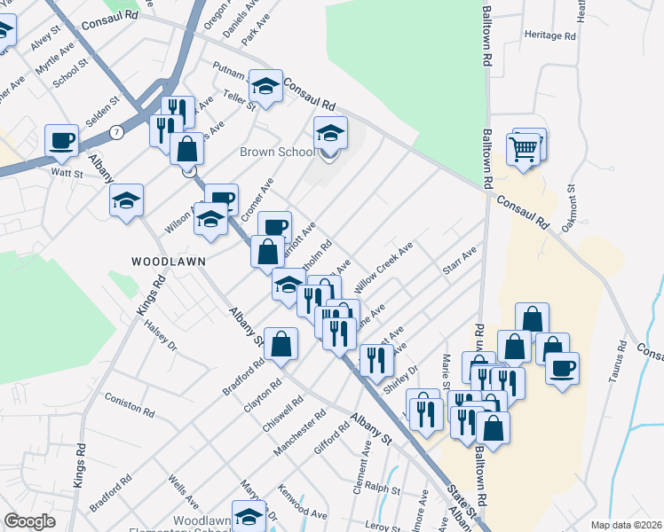 map of restaurants, bars, coffee shops, grocery stores, and more near 21 Marshall Avenue in Schenectady