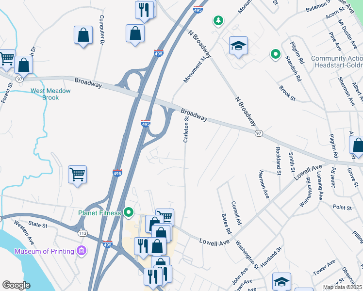 map of restaurants, bars, coffee shops, grocery stores, and more near 130 Carleton Street in Haverhill