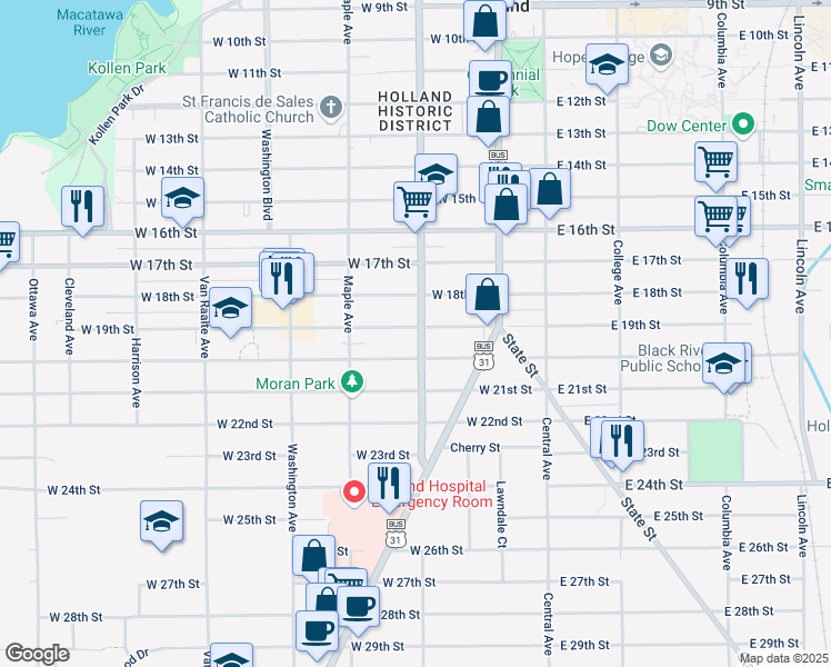 map of restaurants, bars, coffee shops, grocery stores, and more near 106 West 19th Street in Holland