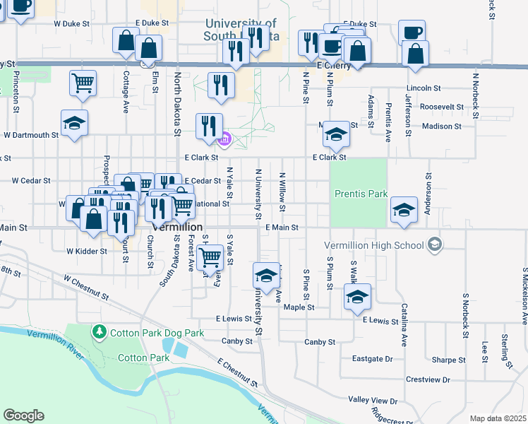 map of restaurants, bars, coffee shops, grocery stores, and more near 19 North University Street in Vermillion