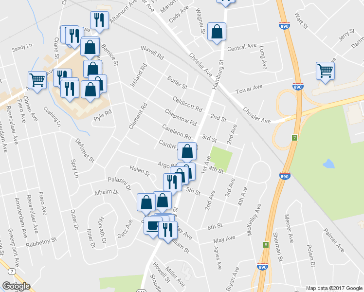 map of restaurants, bars, coffee shops, grocery stores, and more near 2004 Cardiff Road in Schenectady