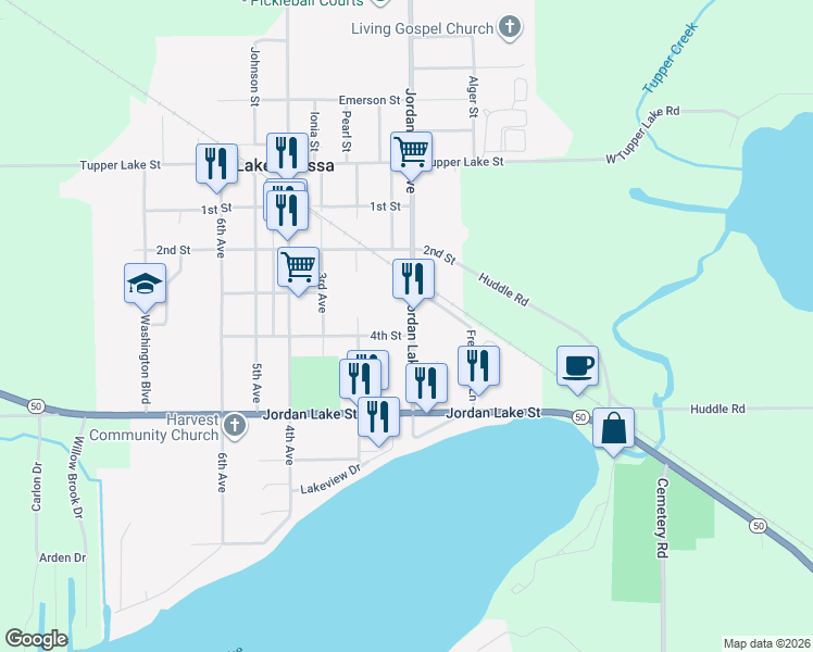 map of restaurants, bars, coffee shops, grocery stores, and more near 801 Jordan Lake Avenue in Lake Odessa