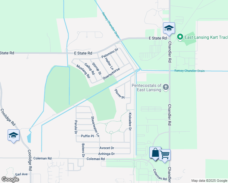 map of restaurants, bars, coffee shops, grocery stores, and more near 3853 Plover Place in East Lansing