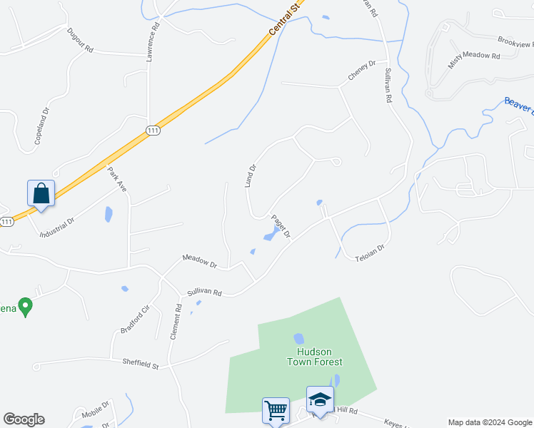 map of restaurants, bars, coffee shops, grocery stores, and more near 48 Lund Drive in Hudson