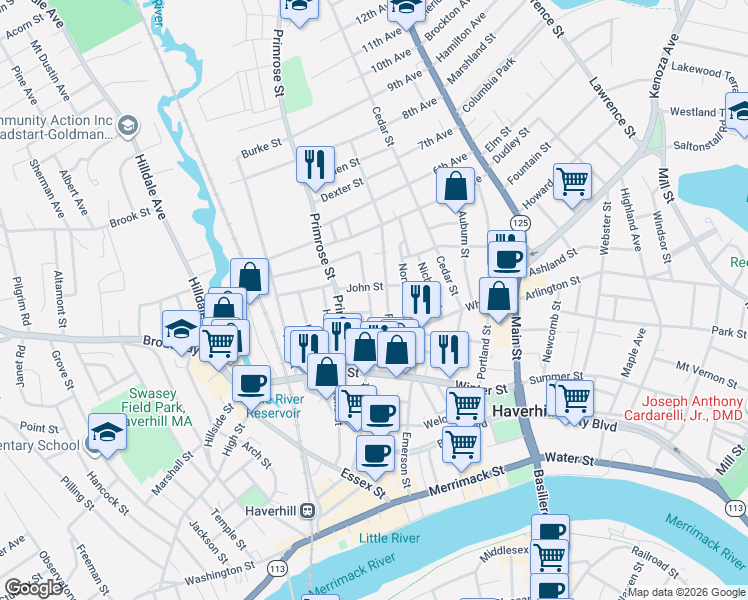 map of restaurants, bars, coffee shops, grocery stores, and more near 25 New Street in Haverhill