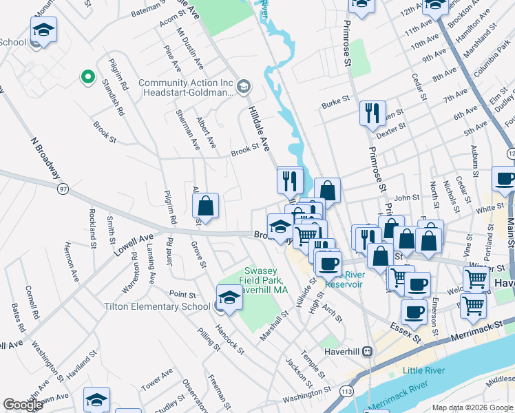 map of restaurants, bars, coffee shops, grocery stores, and more near 25 Thorndike Street in Haverhill