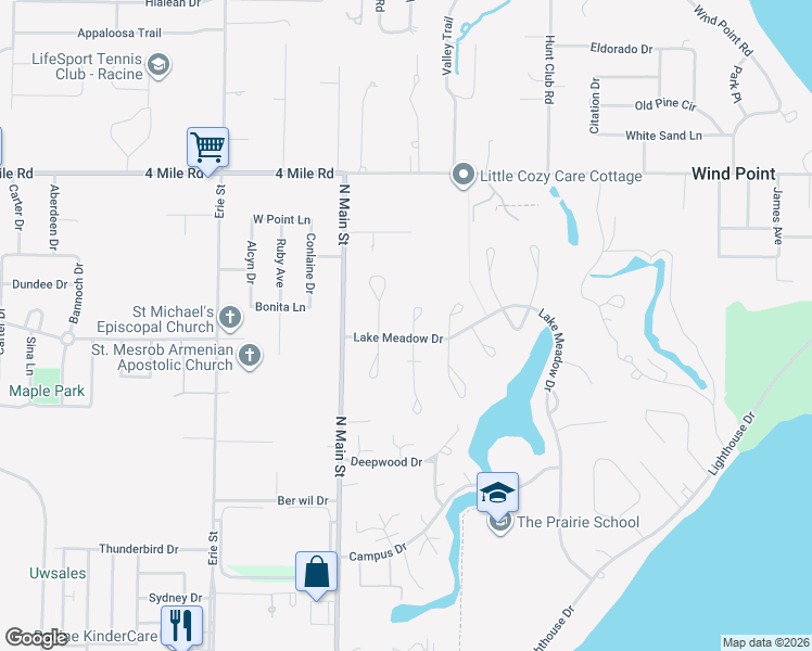 map of restaurants, bars, coffee shops, grocery stores, and more near 7 Birchwood Court in Wind Point