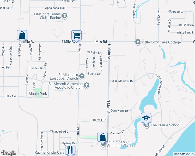 map of restaurants, bars, coffee shops, grocery stores, and more near 415 Bonita Lane in Racine