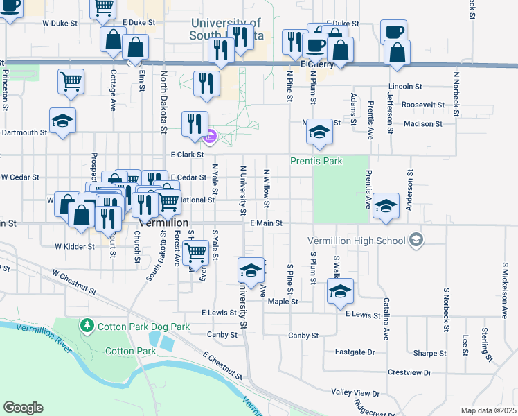 map of restaurants, bars, coffee shops, grocery stores, and more near 19 North University Street in Vermillion
