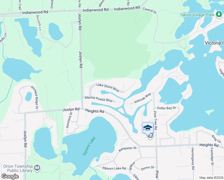 map of restaurants, bars, coffee shops, grocery stores, and more near 1299 Lake Shore Boulevard in Lake Orion