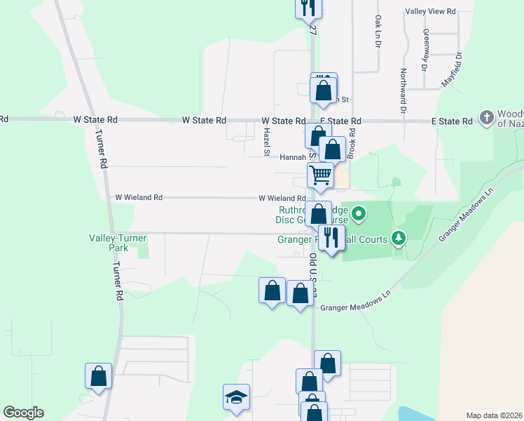 map of restaurants, bars, coffee shops, grocery stores, and more near 1175 West Wieland Road in Lansing