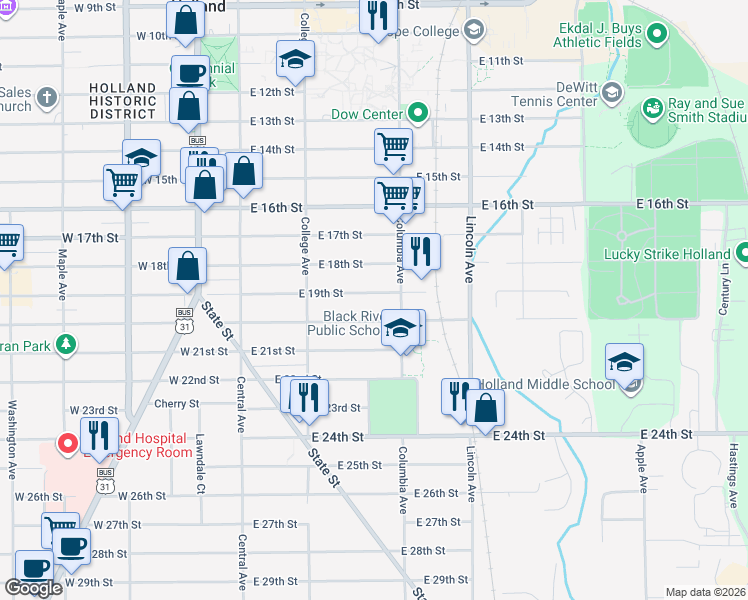 map of restaurants, bars, coffee shops, grocery stores, and more near 130 East 19th Street in Holland