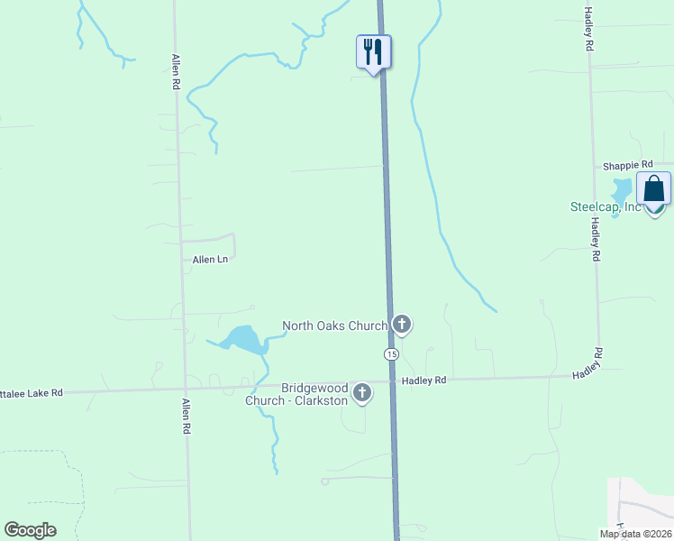map of restaurants, bars, coffee shops, grocery stores, and more near 9741 Ortonville Road in Clarkston