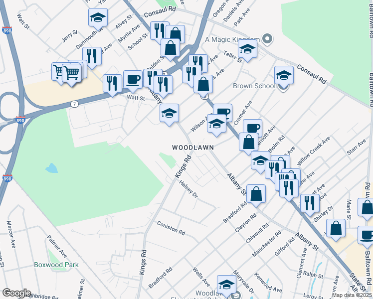 map of restaurants, bars, coffee shops, grocery stores, and more near 2716 Albany Street in Schenectady