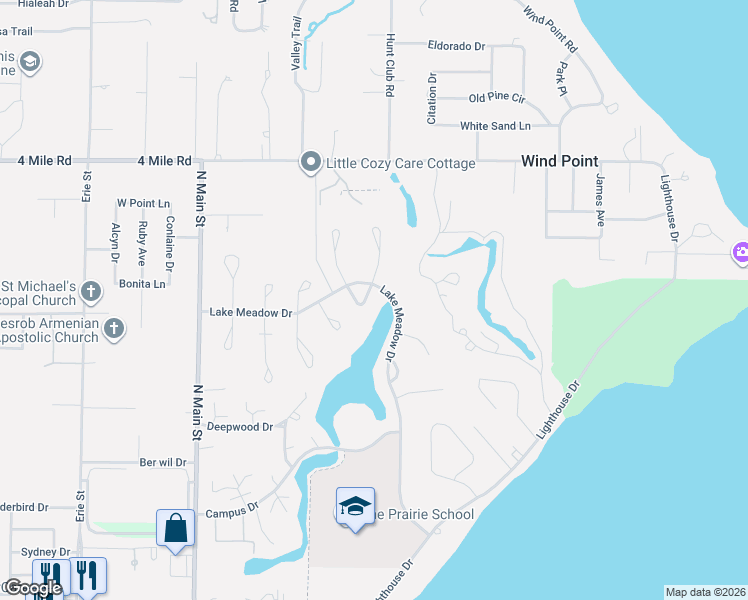 map of restaurants, bars, coffee shops, grocery stores, and more near 3 Shorewood Court in Wind Point