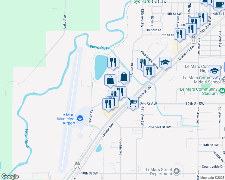 map of restaurants, bars, coffee shops, grocery stores, and more near 1319 Holton Drive in Le Mars