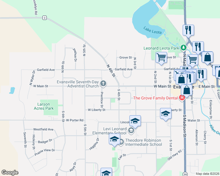 map of restaurants, bars, coffee shops, grocery stores, and more near 429 West Main Street in Evansville