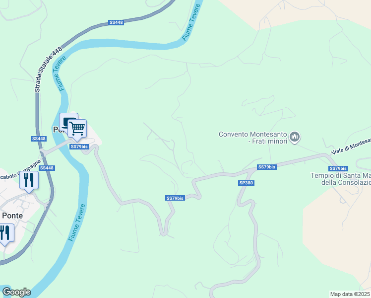 map of restaurants, bars, coffee shops, grocery stores, and more near 50 Vocabolo Belvedere in Provincia di Perugia